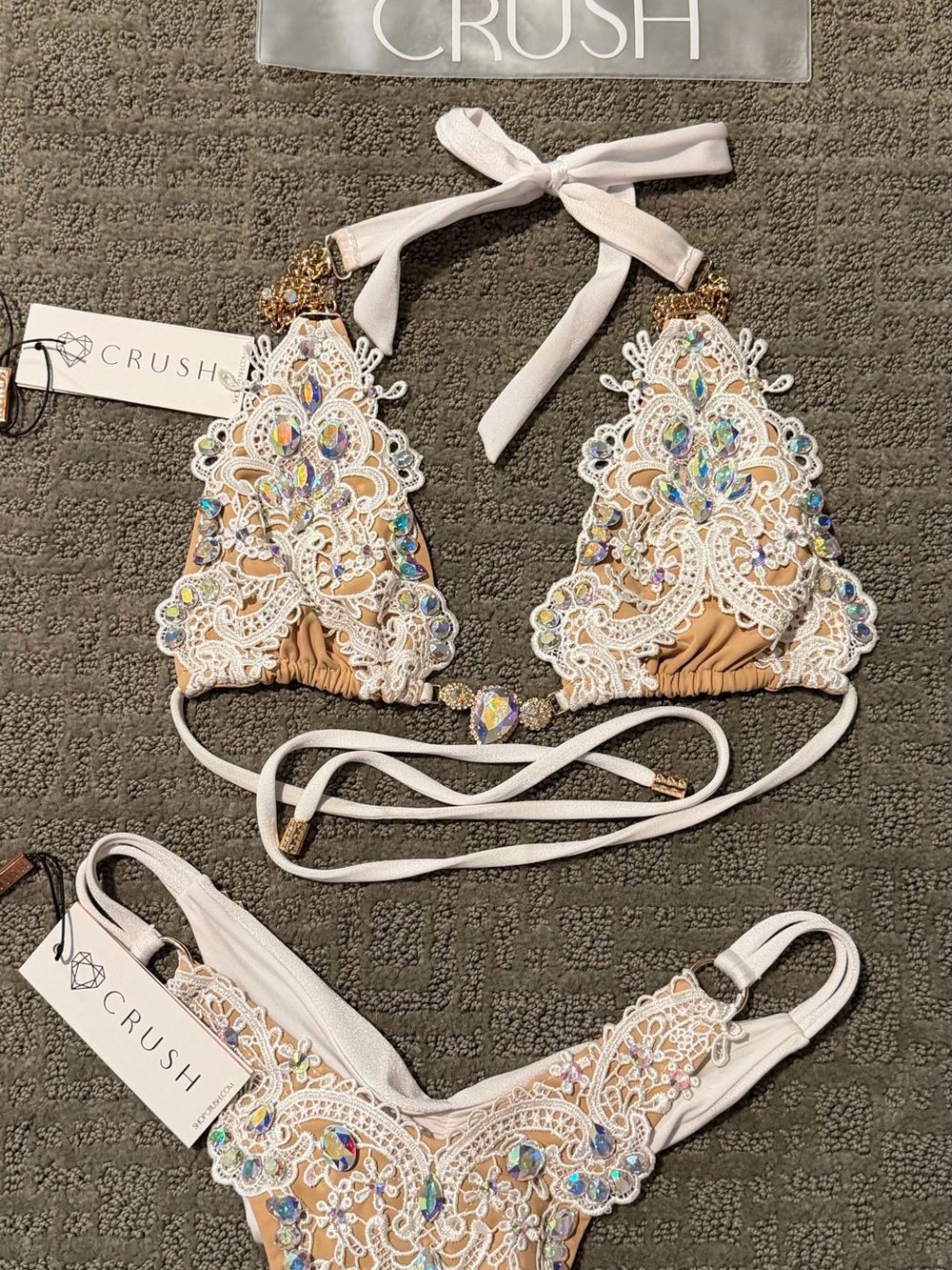 Crush Black Label White with nude lining. Embellished Lace Triangle Bikini Top